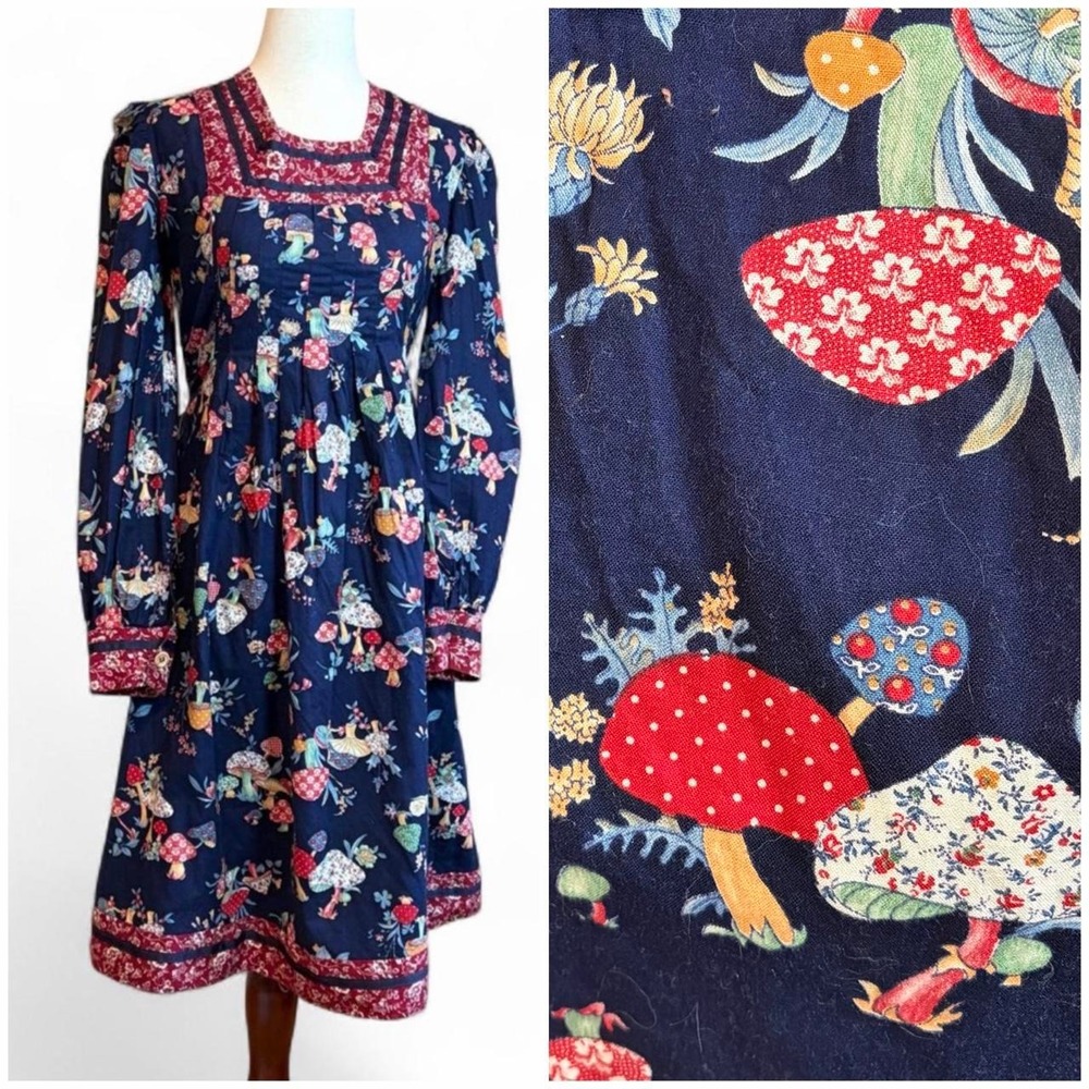 Vintage 70s Mushroom Print Prairie Midi Dress